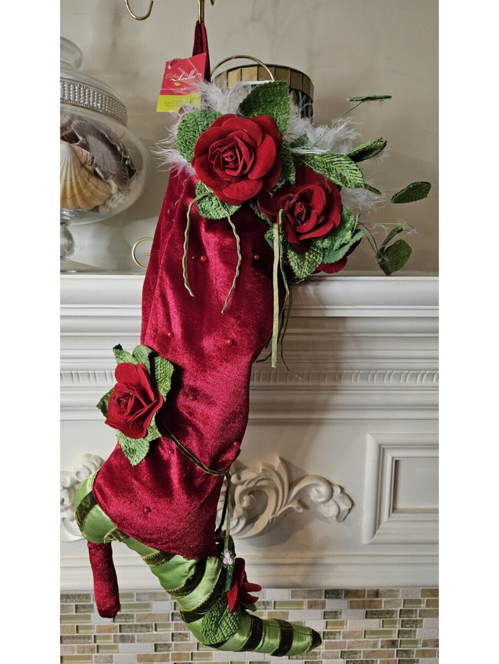Vintage Krinkles Patience Brewster Red Rose Feathered Boot Holiday Stocking flaw